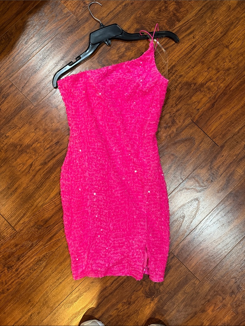 One-Shoulder Hot Pink Sequin Mini Dress